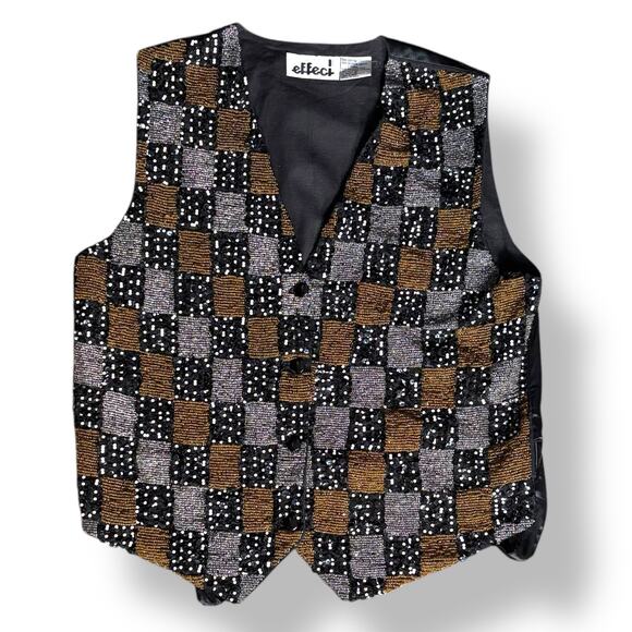 Vintage Effeci Beaded Sequin Checkered Vest Metallic Gold Silver Black Small - Picture 1 of 10